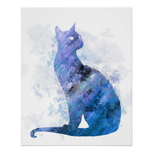 Póster Blue Splash Digital Watercolor Cat 726