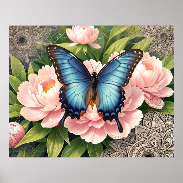 Poster Blue Swallowtail Butterfly Floral Botanical Art (Frente)