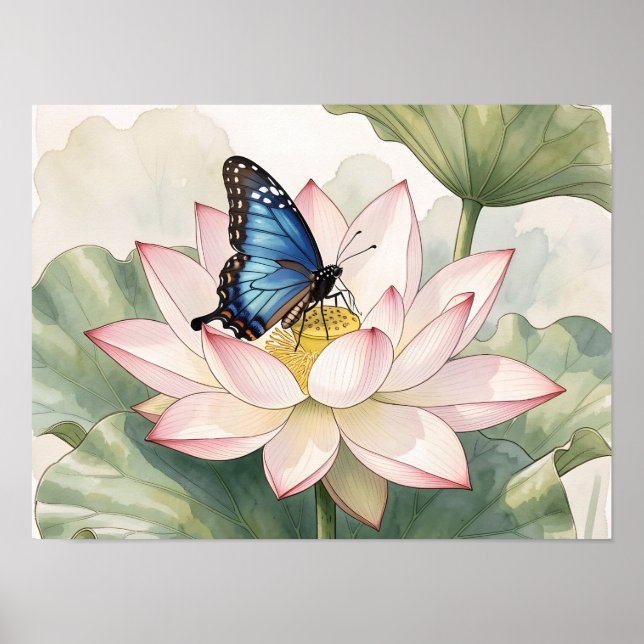 Poster  Blue Swallowtail Butterfly With Lotus Flower Art (Frente)