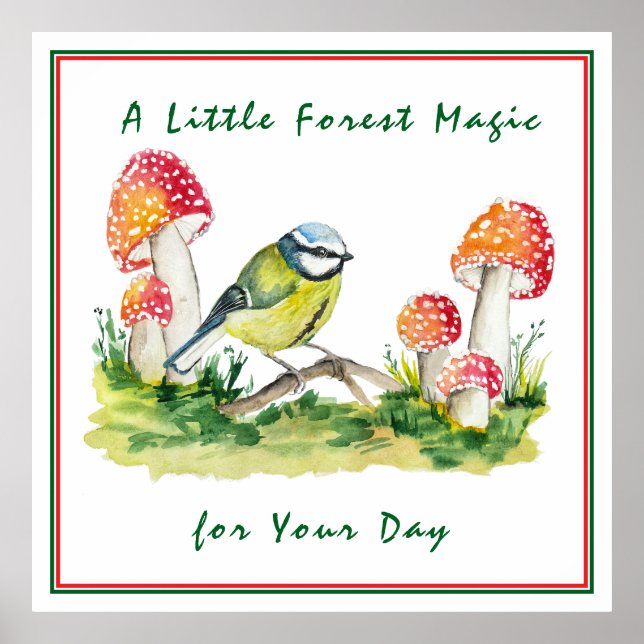 Poster Blue Tit and Fly Agaric Watercolor (Frente)