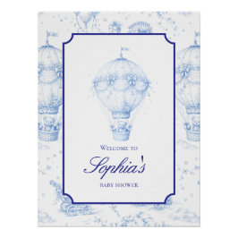 Póster Blue Toile de Jouy Baby Shower Welcome Sign