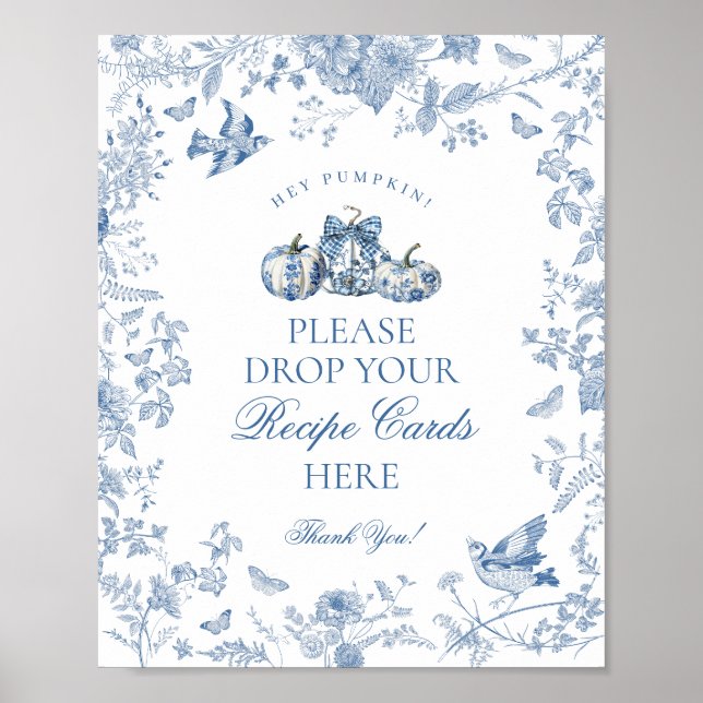 Poster Blue Toile Pumpkin French Fall Share a Recipe Sign (Frente)