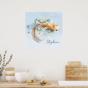 Poster Blue Watercolor Dourado Peixe Koi Personalizado