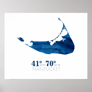Poster Blue Watercolor Nantucket Map with Coordinates