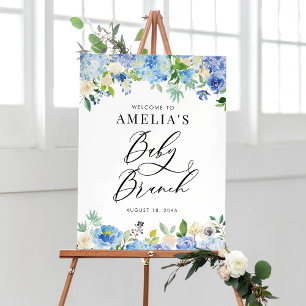 Poster Blue Watercolor Rosa e Hydrangea Baby Brunch
