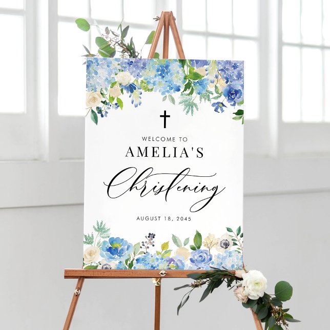 Poster Blue Watercolor Rosa e Hydrangea Christening (Criador carregado)