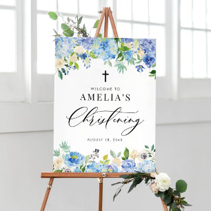 Poster Blue Watercolor Rosa e Hydrangea Christening