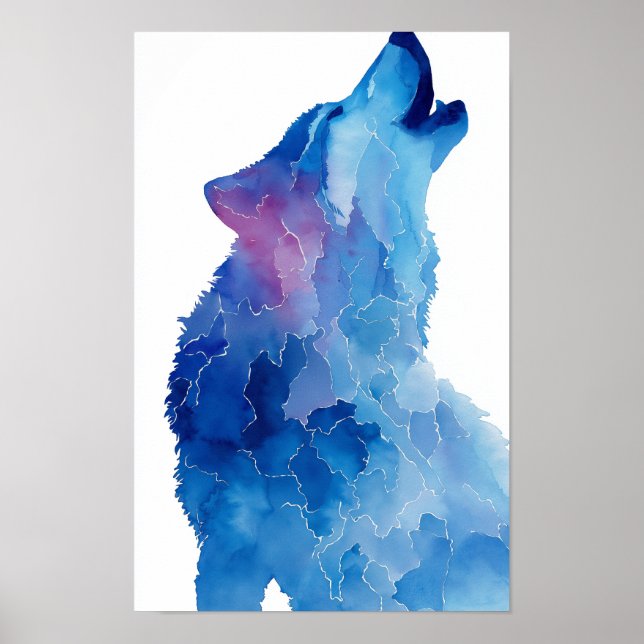 Poster Blue watercolor wolf howling (Frente)