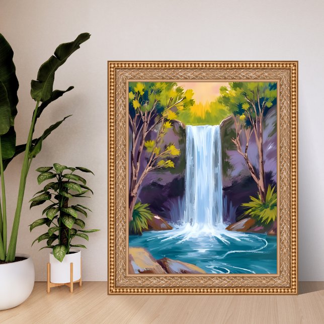 Poster Blue Waterfall | Forest Landscape Nature Painting (Criador carregado)