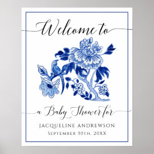 Poster Blue White Chinoiserie Floral Welcome Baby Shower
