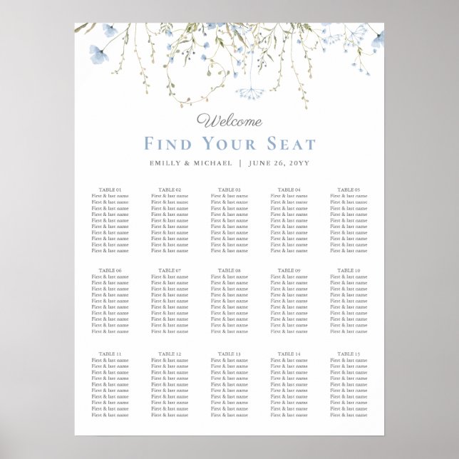 Poster Blue Wildflower Periwinkle Wedding Seating Chart (Frente)
