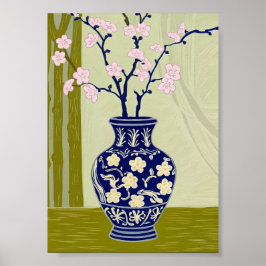 Poster Blue Willow Chinoiserie Vase & Pink Cherry Blossom