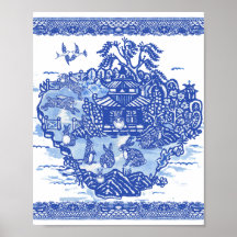 Blue Willow Rabbit Island Whimical Oriental Art