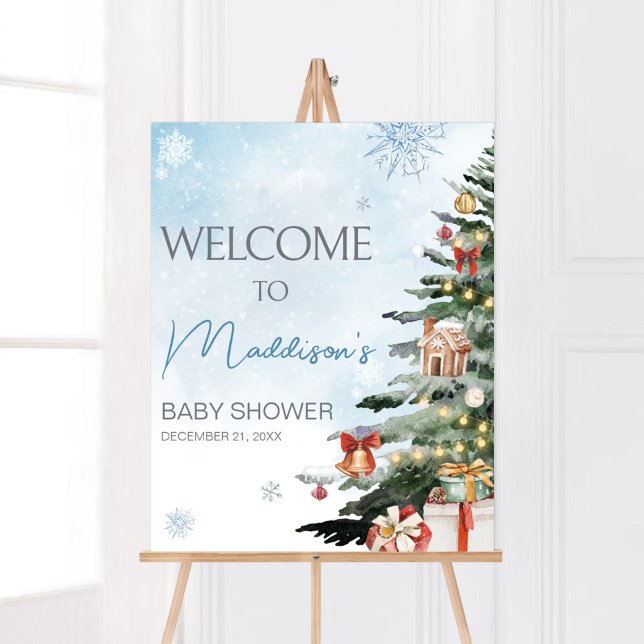 Poster Blue Winter Baby É Fria Outside Welcome (Baby It's Cold Outside Baby Shower Welcome Sign)