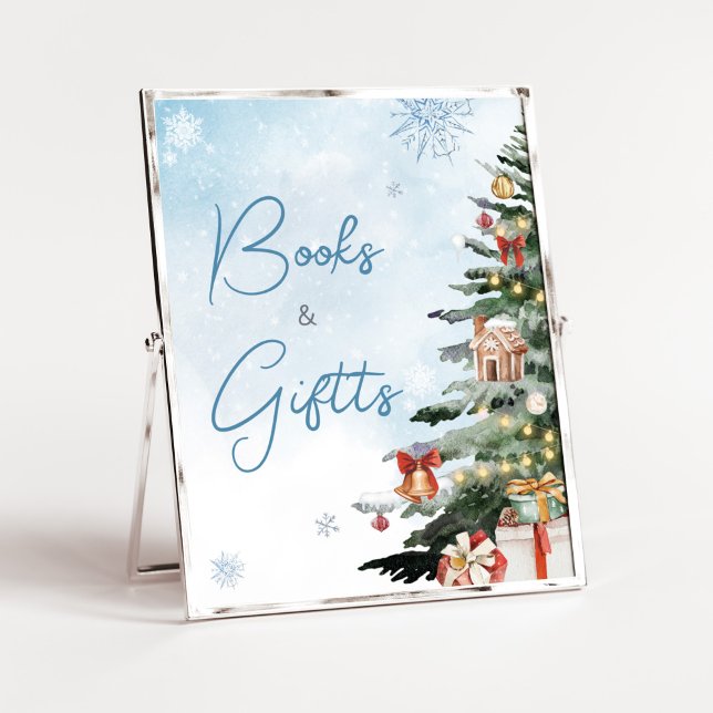Poster Blue Winter Baby É Frio Outside Livros e presentes (Baby It's Cold Outside Baby Shower Books and Gifts Sign)