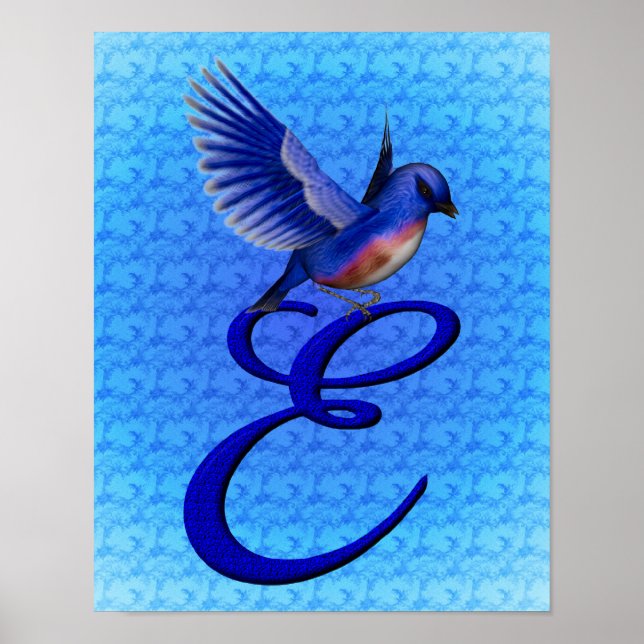 Poster Bluebird Elegante Monograma Inicial E (Frente)