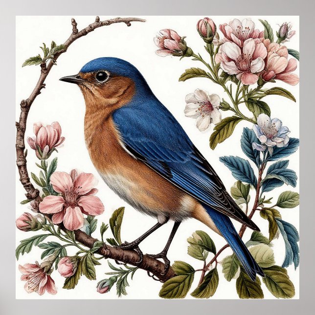Poster Bluebird Empoleirado entre flores em chamas (Frente)