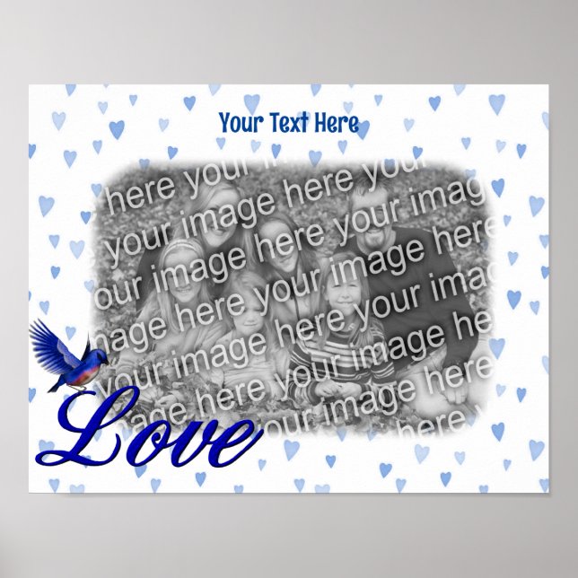Poster Bluebird Love Blue Hearts Frame Add Your Photo (Frente)