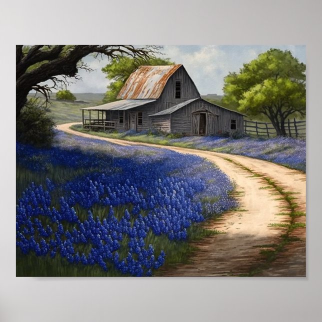 Poster Bluebonnets e Old Barn no Texas (Frente)