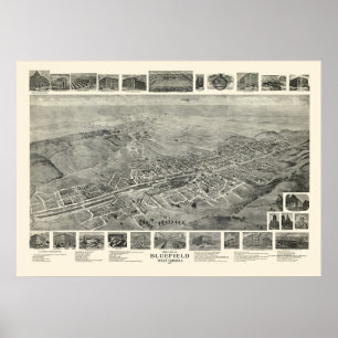 Póster Bluefield, mapa panorâmico de WV - 1911
