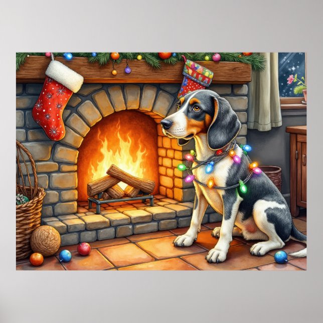 Poster Bluetick Coonhound Fireplace with Christmas Lights (Frente)