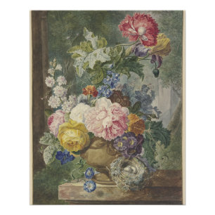 Póster Blumenstrauß em einer Vase mit Vogelnest