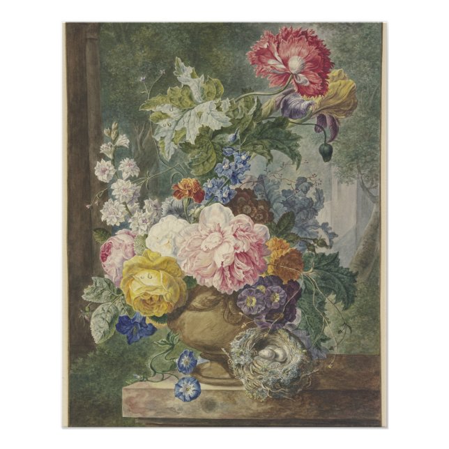 Póster Blumenstrauß em einer Vase mit Vogelnest (Frente)