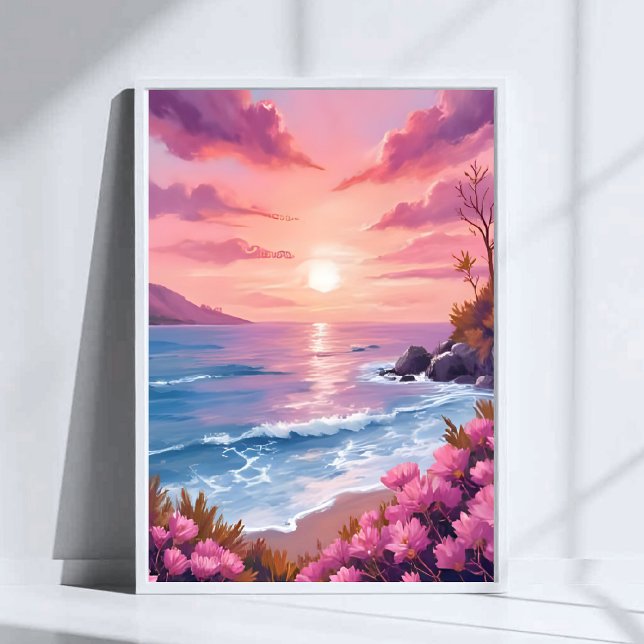 Poster Blush Beach Bay | Ocean Sunset Pink Watercolor (Criador carregado)