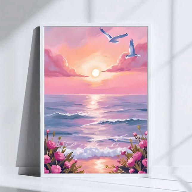Poster Blush Beach | Pink Ocean Sunset Coastal Watercolor (Criador carregado)