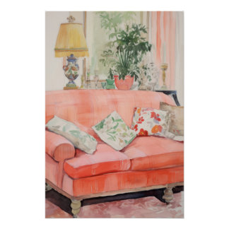 Póster Blush Comfort – Sofá Rosa Aquarela Sala de Estar