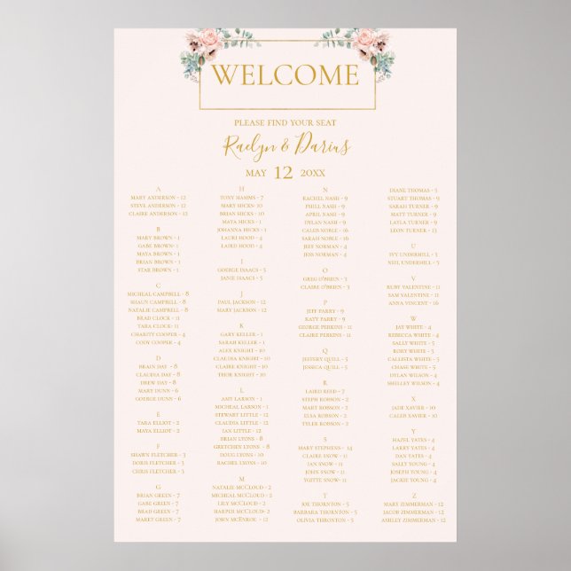 Poster Blush Floral | Gráfico de assentos alfabéticos em  (Frente)