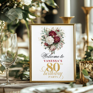 Poster Blush floral premium burgundy 80º aniversário 8x10