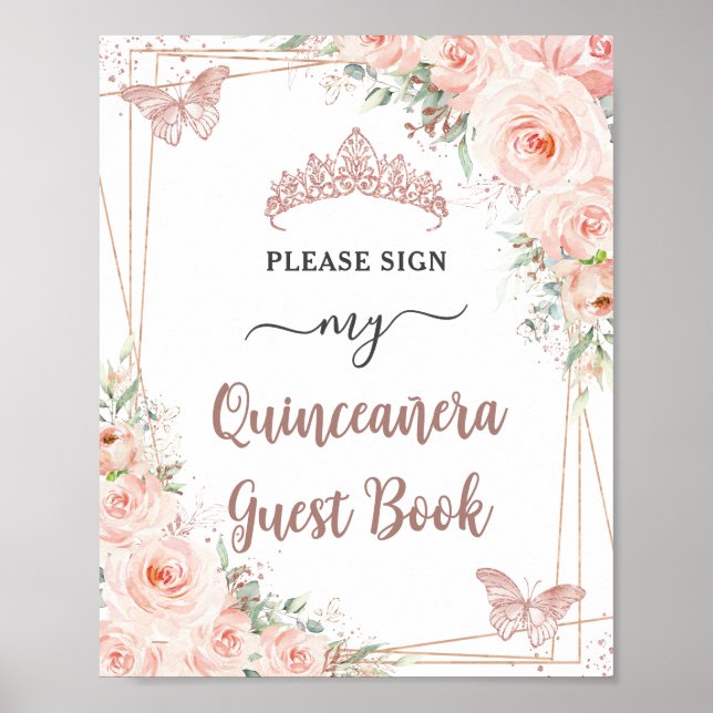 Poster Blush Floral Rosa Dourado Quinceanera - Sinal de C (Frente)