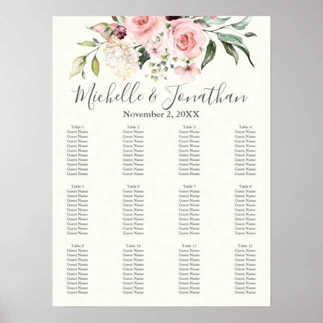 Poster Blush Floral Wedding Seating Chart – Table Plan (Frente)