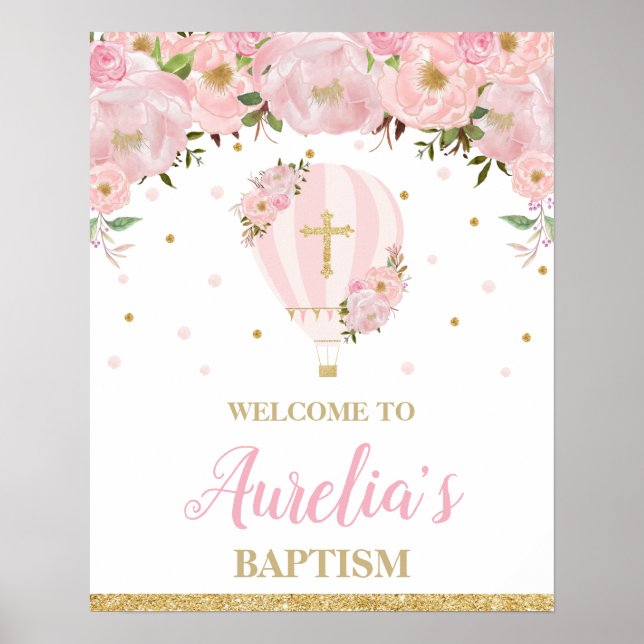 Poster Blush Hot Air Balloon Christening Baptism Bem-vind (Frente)