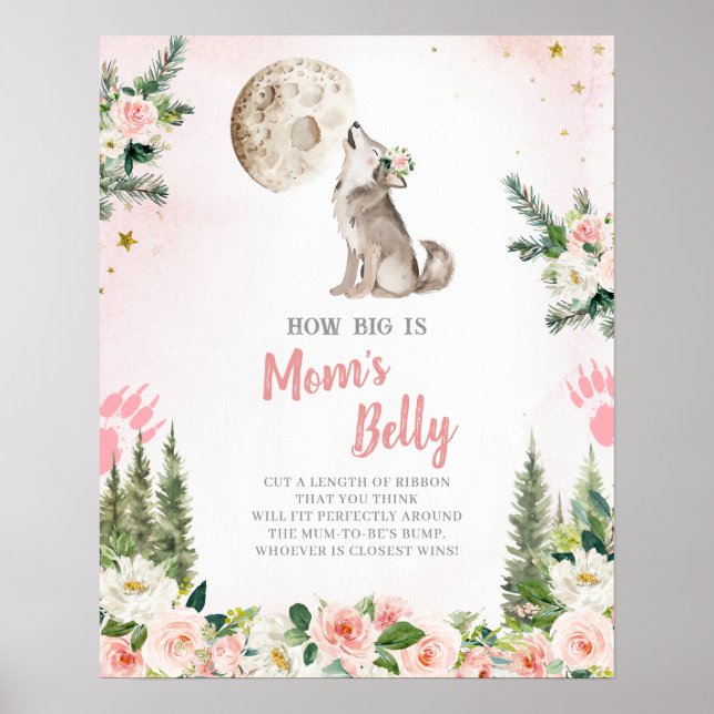 Poster Blush Pink Floral Moon Forest Wolf Mom's Belly (Frente)