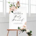 Poster Blush Pink Magnolias Floral Baby Brunt Bem-vindo<br><div class="desc">Bem-vindos convidados para o seu evento com este sinal de boas-vindas personalizável para o bebê brunch. Apresenta magnólias cor-de-rosa pinceladas e hífenes com sotaques falsos de folha de ouro rosa. Personalize adicionando os detalhes do evento. Este sinal floral de boas-vindas para bebês é perfeito para primavera e chás de fraldas...</div>