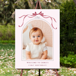 Poster Blush Pink Red Bow 1st Birthday Photo Welcome