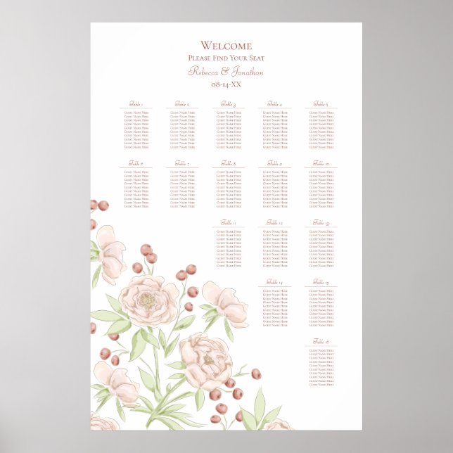 Poster Blush Pink Roses Modern Wedding Seating Chart (Frente)