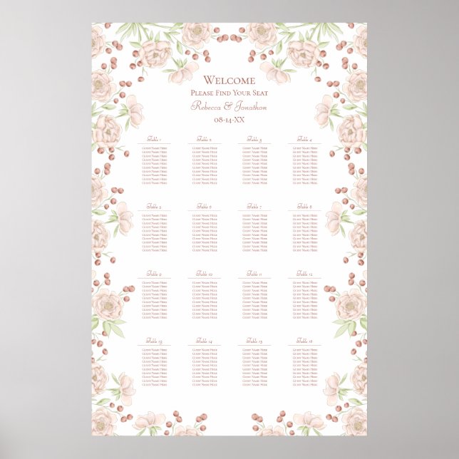Poster Blush Pink Roses Wedding Seating Chart (Frente)