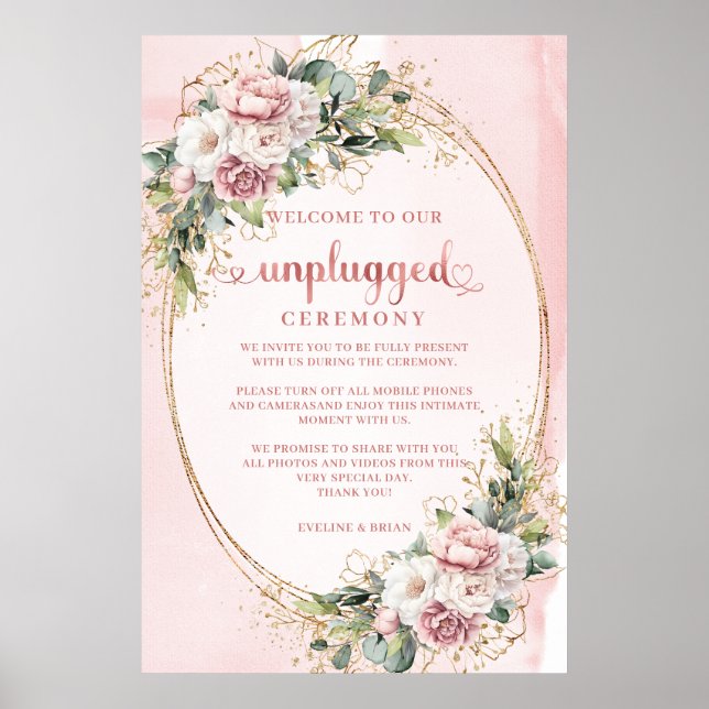 Poster Blush Rosa Floral Boho Cerimônia Sem Fios Dourado  (Frente)
