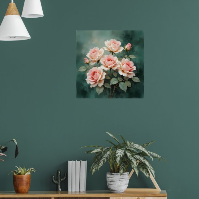 Poster Blush Rose Elegance on Deep Jade (Sala de Estar 1)