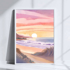 Poster Blush Sea Sunset | Beach Watercolor Painting