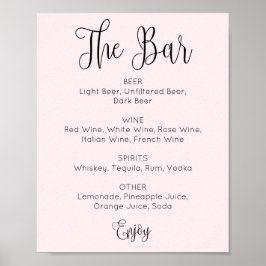 Poster Blush simples bar de casamento. Bebidas alcoólicas