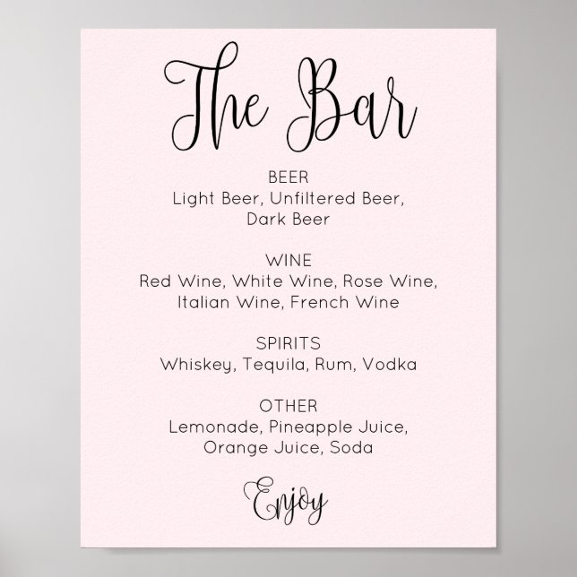 Poster Blush simples bar de casamento. Bebidas alcoólicas (Frente)