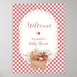 Poster Boa-vinda ao Chá de Bebê Boho Gingham Rústico Verm
