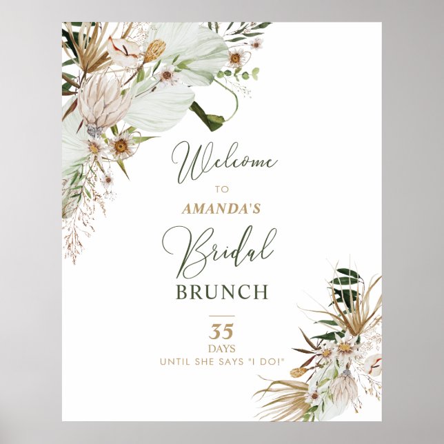 Poster Boa-vinda Boho Dourado e Verde para Brunch de Chá  (Frente)