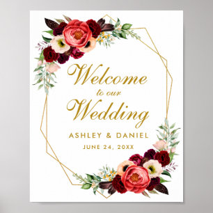Poster Boa vinda Dourado floral do casamento de Boho do