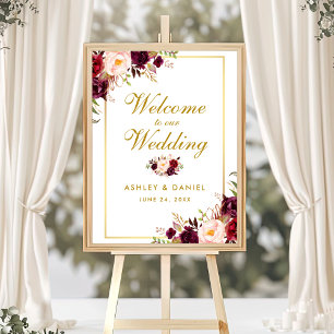 Poster Boa vinda Dourado floral do casamento de Borgonha