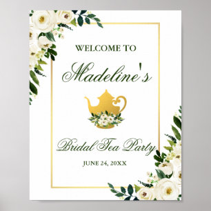 Poster Boa vinda Dourado floral verde do tea party do ch